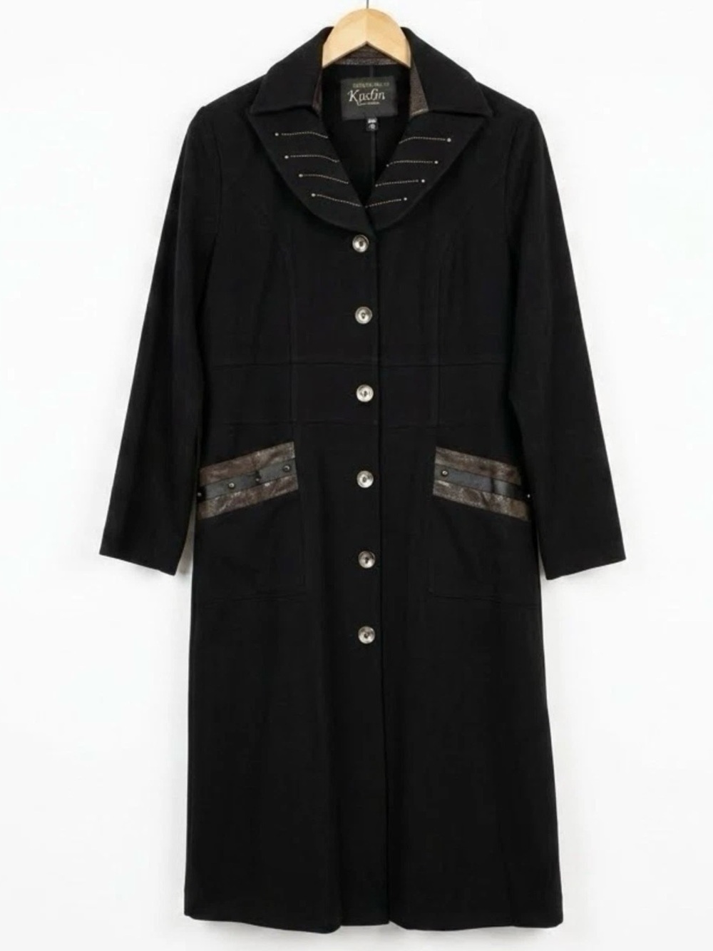Vintage Kadin Goth Grunge Black Midi Trench Coat Jacket 12 Brown Accent Sz 12
